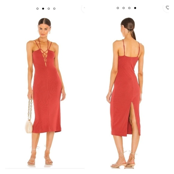 NBD x REVOLVE Berry Red Ribbed Lace up Front Midi Dress Two Tone Crimson, Small - Picture 1 of 8